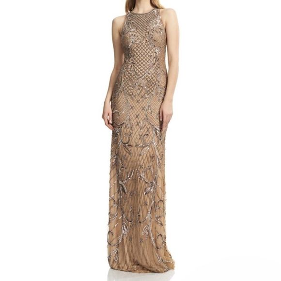Theia Sleeveless Jewelneck Fitted Tulle Gown